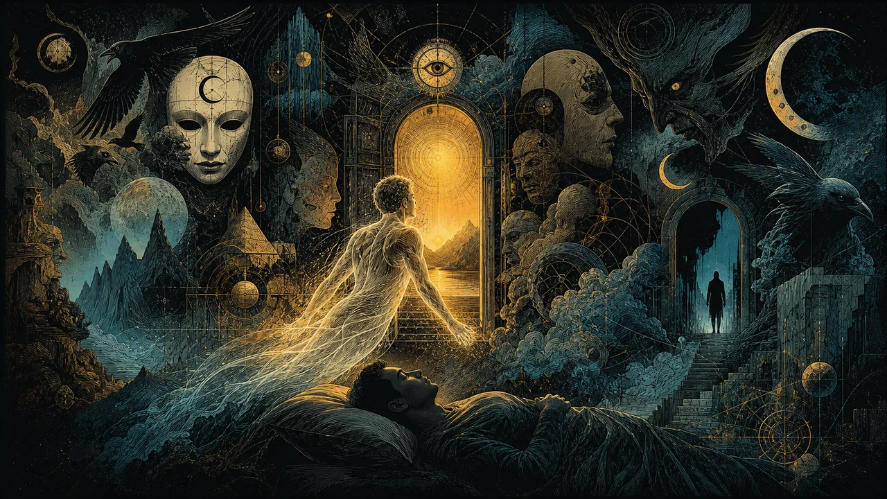 Corpo astral luminoso se elevando com serenidade sobre o corpo físico durante uma projeção astral segura