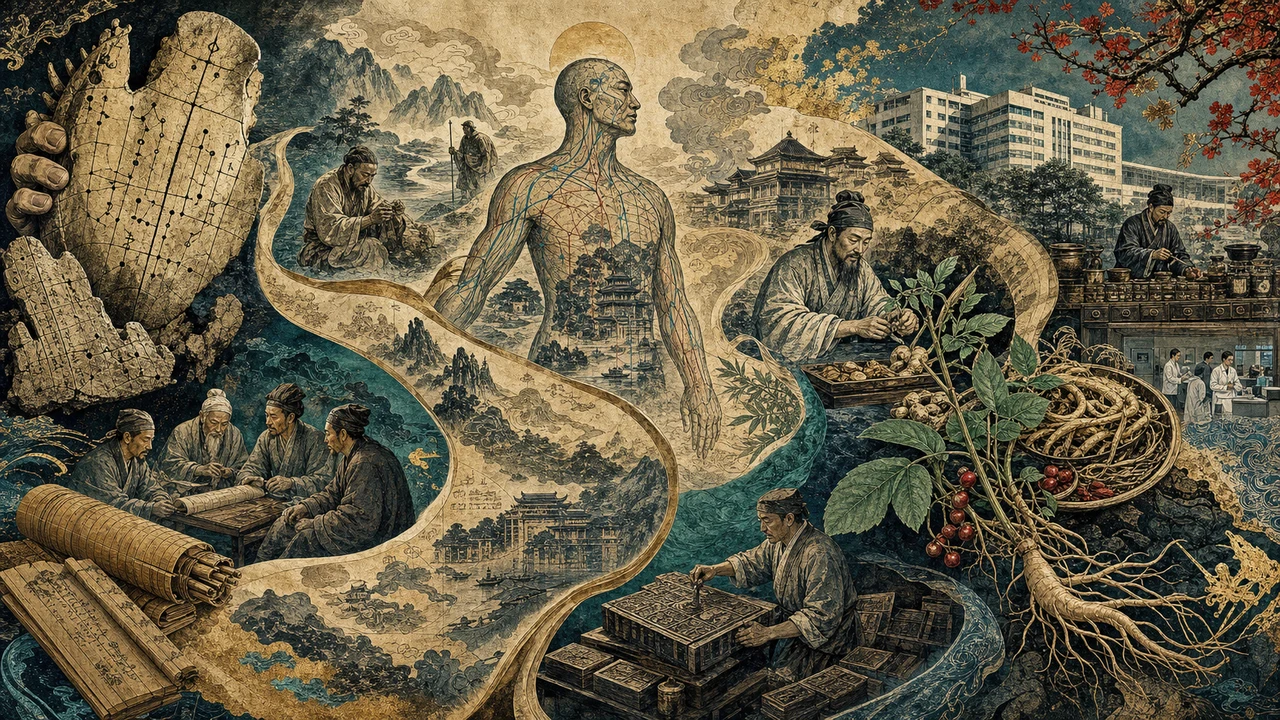 Formação histórica da Medicina Tradicional Chinesa representada por ossos oraculares, manuscritos, ervas, meridianos e diferentes dinastias