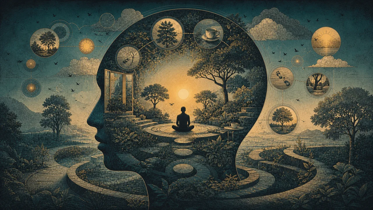 Pessoa praticando mindfulness em uma rotina calma de manhã, com símbolos suaves de constância e hábito ao redor