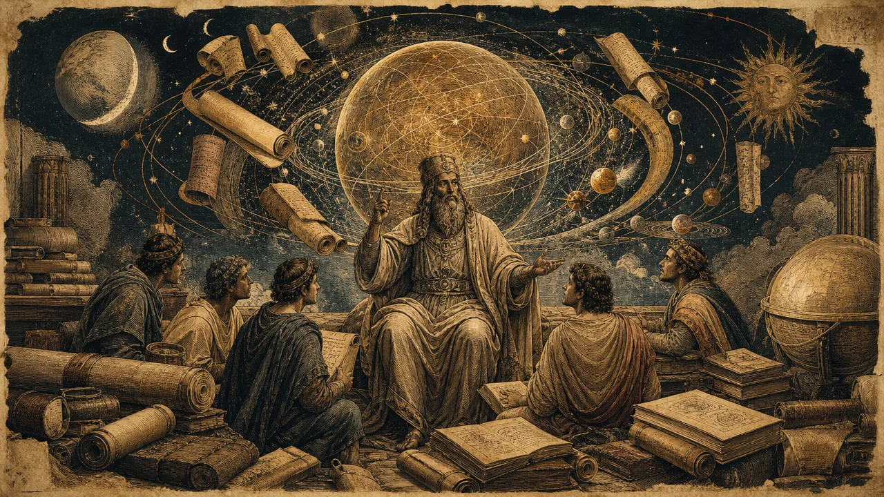 Hermes Trismegisto ensinando discípulos diante de manuscritos e símbolos cósmicos do Corpus Hermeticum