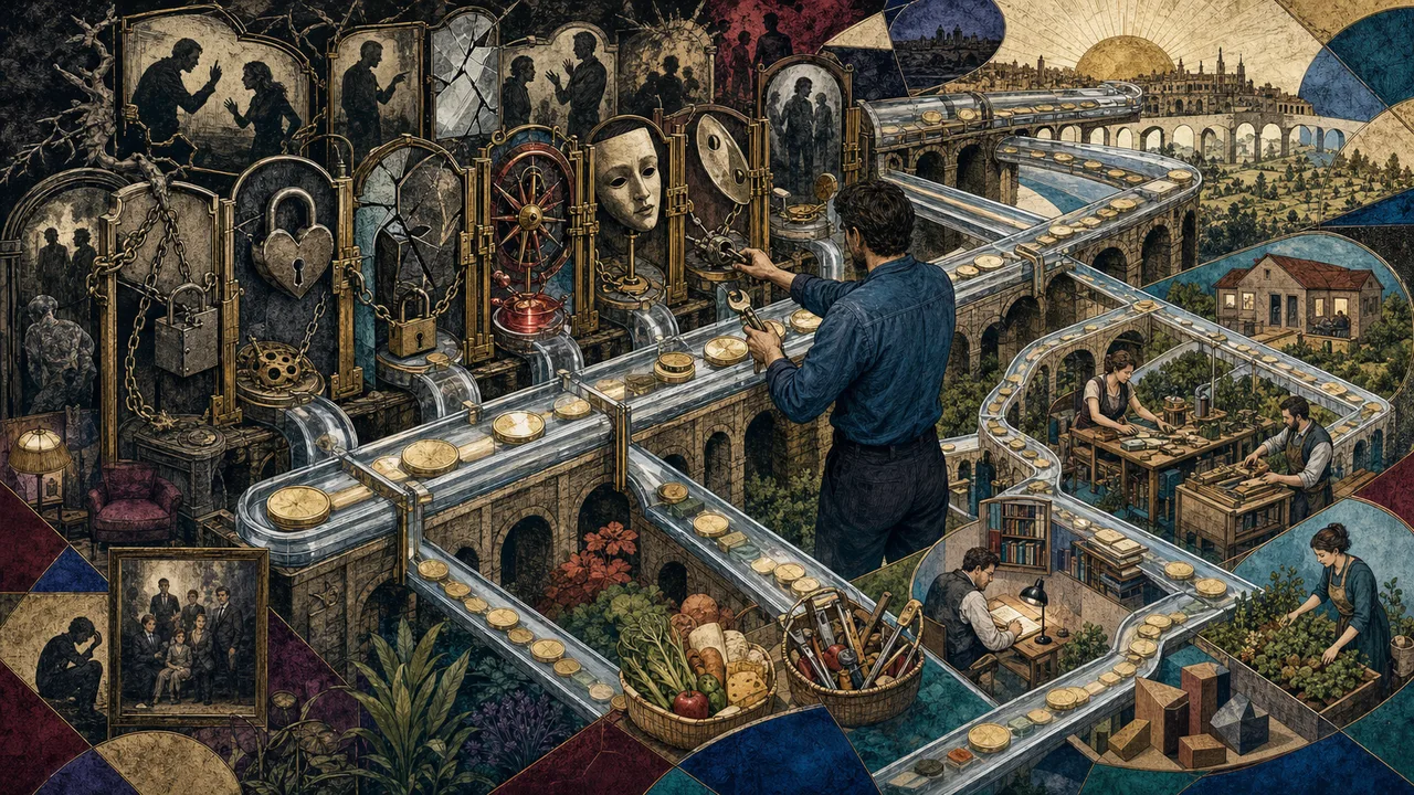 Pessoa observando crenças antigas sobre dinheiro enquanto um caminho de prosperidade se abre