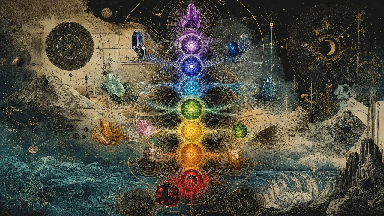 Cristais irradiando energia para sete chakras em composição simbólica de equilíbrio energético e cristaloterapia