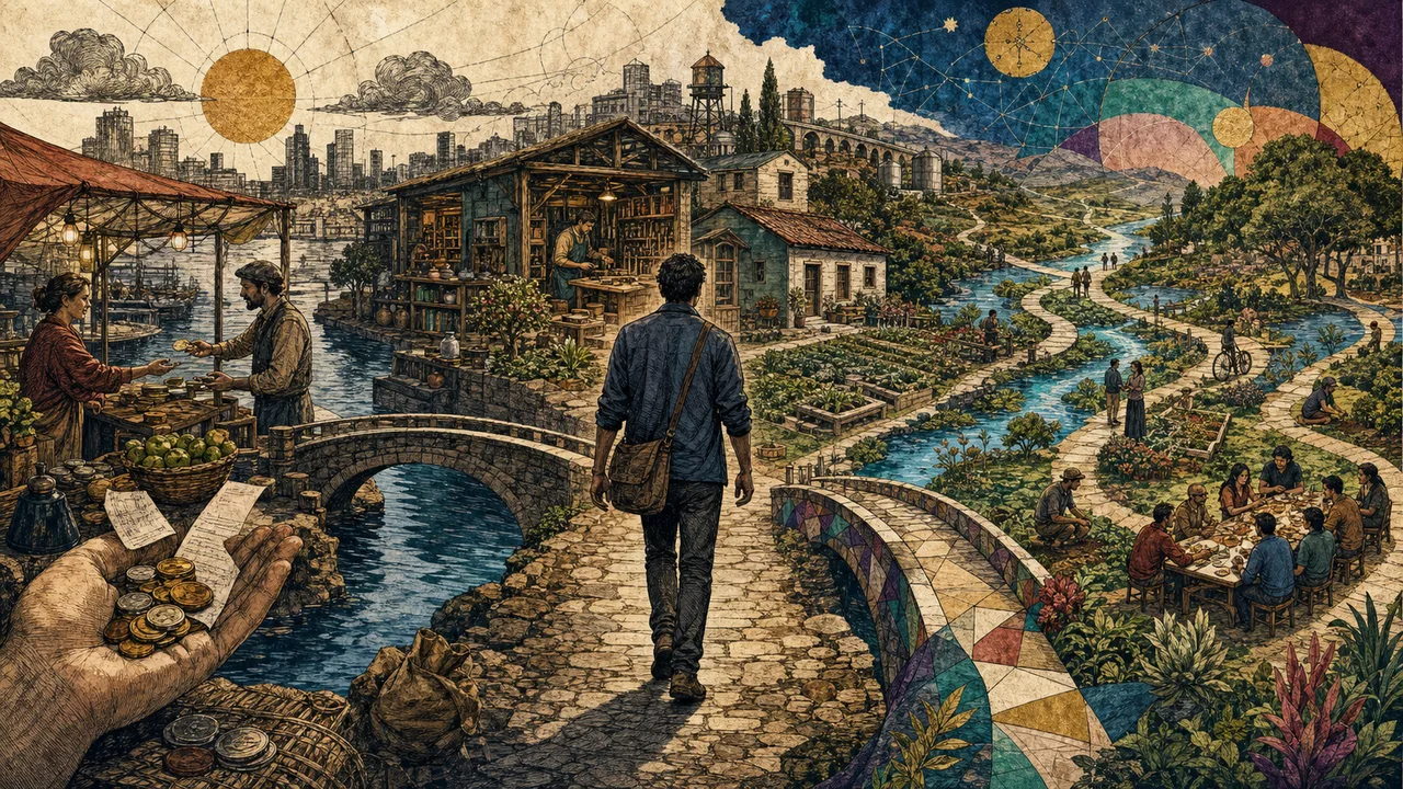 Pessoa observando caminhos que representam dinheiro, riqueza e abundância como escolhas diferentes