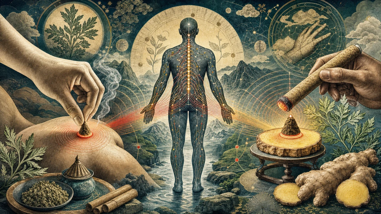 Composição surrealista comparando a moxabustão direta e indireta