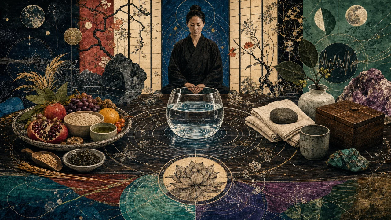 Mãos aplicando Reiki sobre copo de água, alimento, cristal, livro e objeto pessoal em mesa iluminada