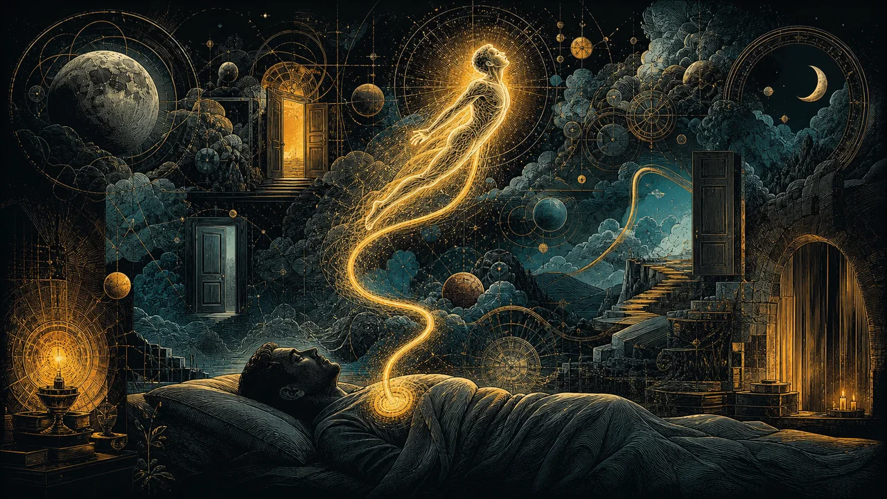 Corpo astral luminoso retornando ao corpo físico por uma conexão de luz durante uma projeção astral segura