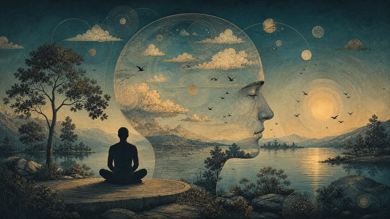 Pessoa praticando mindfulness enquanto pensamentos passam como nuvens suaves, mostrando que a mente não precisa ficar vazia