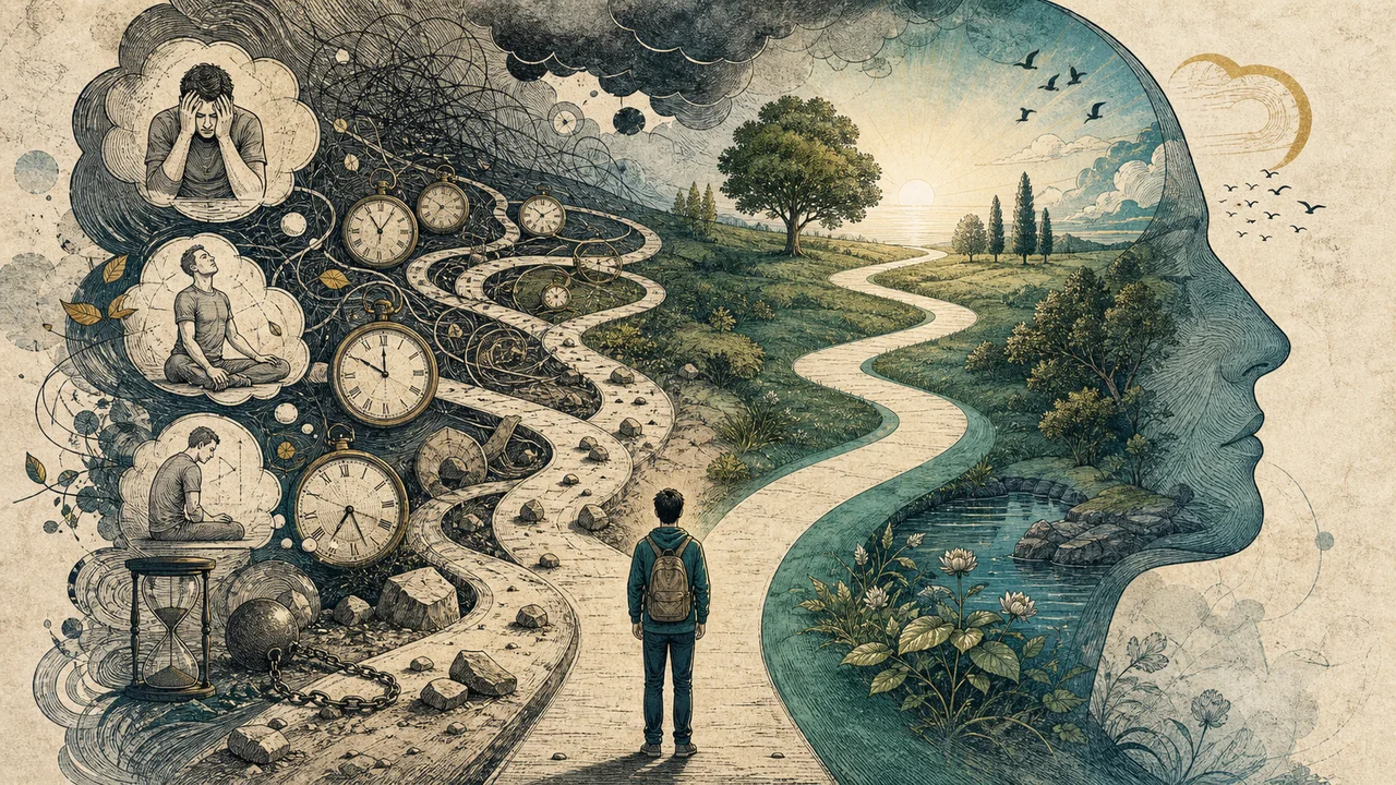 Pessoa iniciando mindfulness cercada por símbolos de distração, pressa e autocobrança