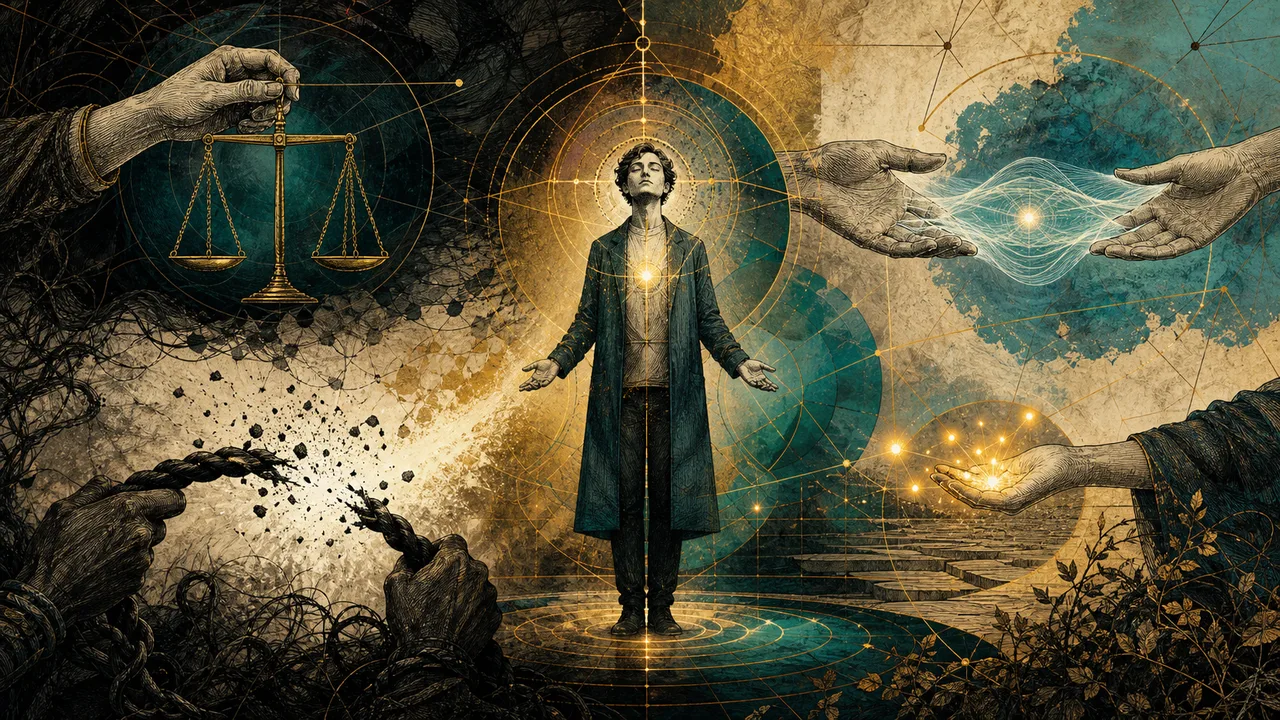 Pessoa em atitude serena liberando vínculos densos por meio de ética, perdão, empatia e caridade