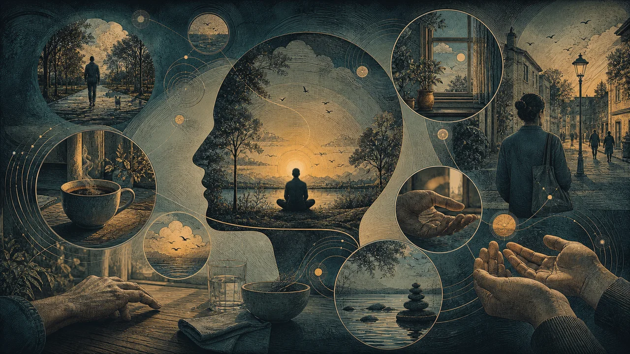 Pessoa praticando mindfulness em atividades cotidianas como respirar, caminhar, comer e ouvir com atenção