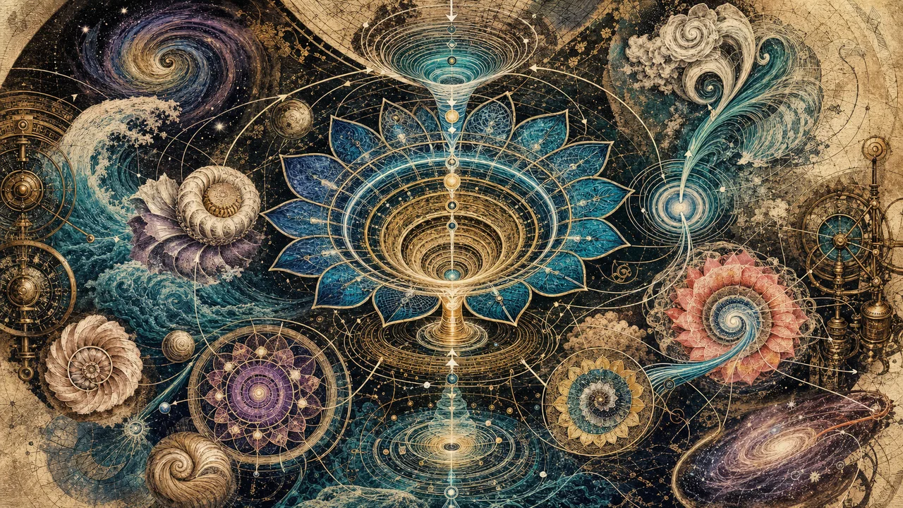 Pessoa meditando com chakras em formato de cones luminosos e fluxos de energia em movimento