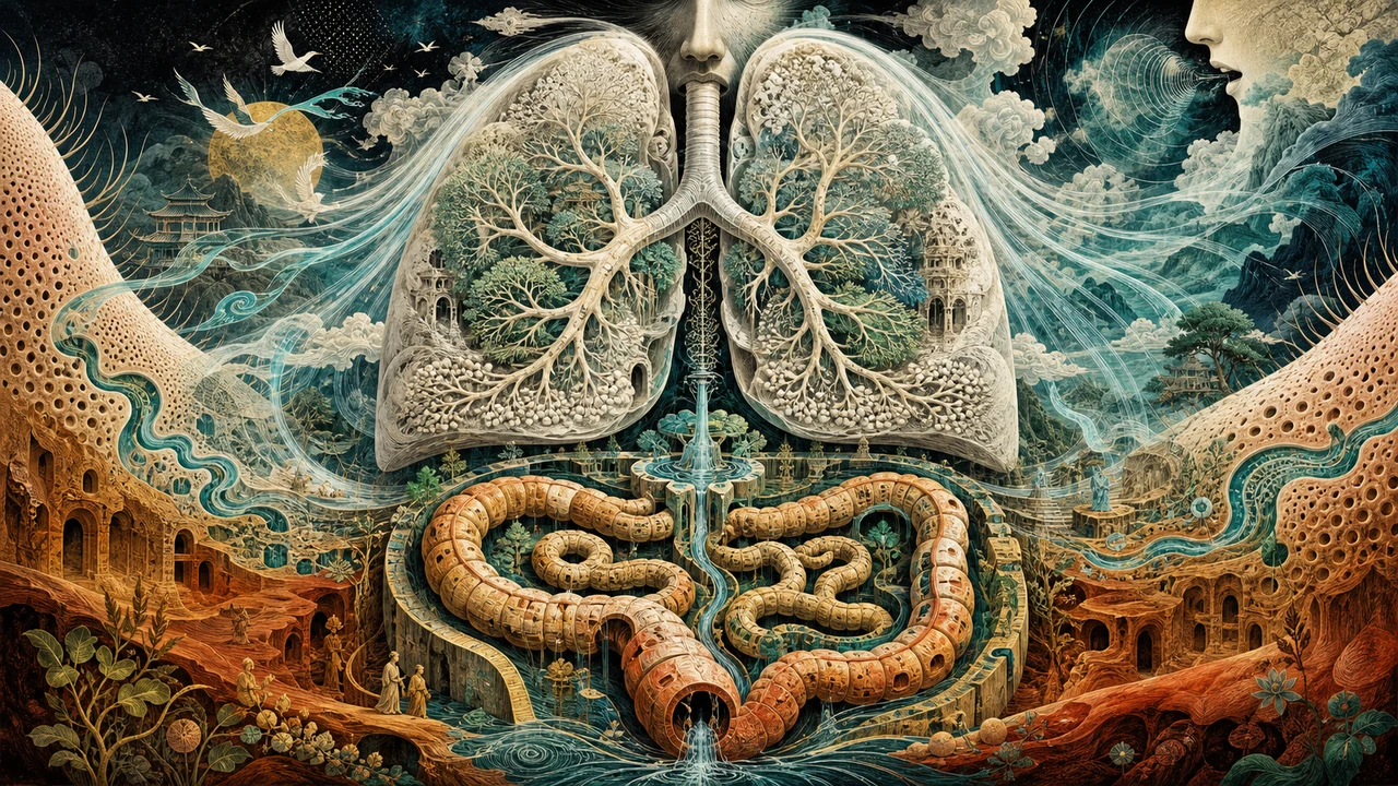 Representação surrealista das funções do Pulmão e do Intestino Grosso na Medicina Chinesa