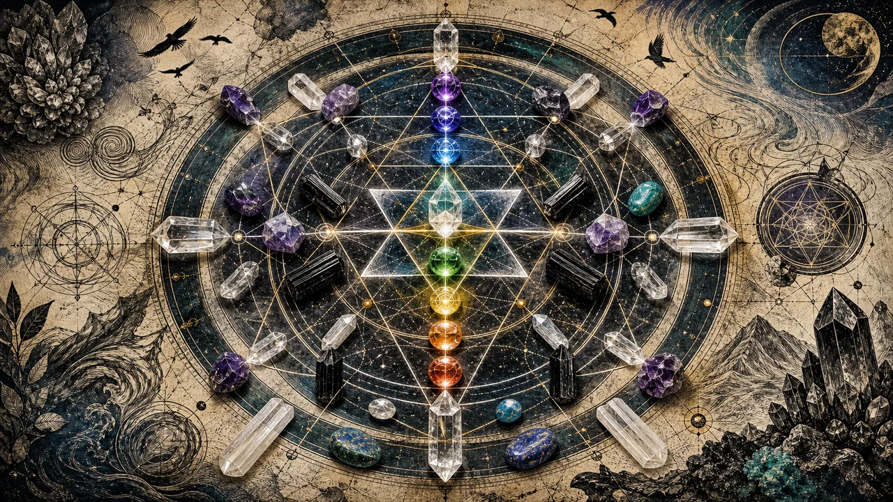 Grade de cristais em geometria energética para proteção, chakras e harmonização