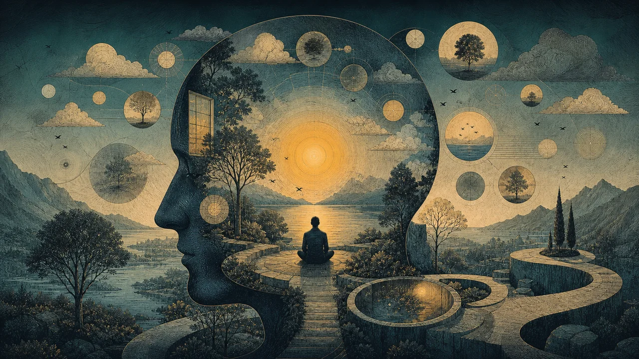 Silhueta de uma pessoa meditando em posição de lótus, com a mente representada por uma paisagem natural
