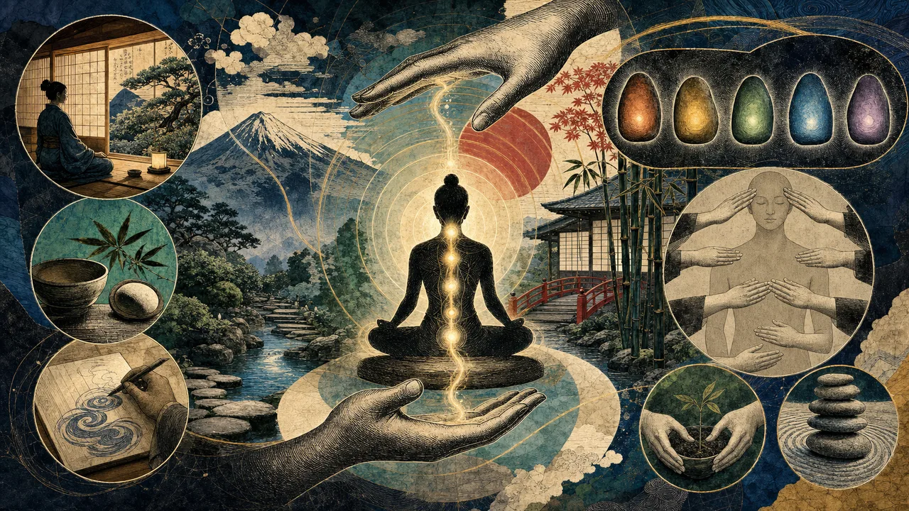 Mãos posicionadas sobre o corpo durante uma aplicação de Reiki, com luz suave ao redor