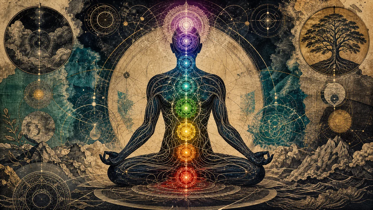 Representação dos sete chakras alinhados ao longo da coluna vertebral, cada um com sua cor correspondente