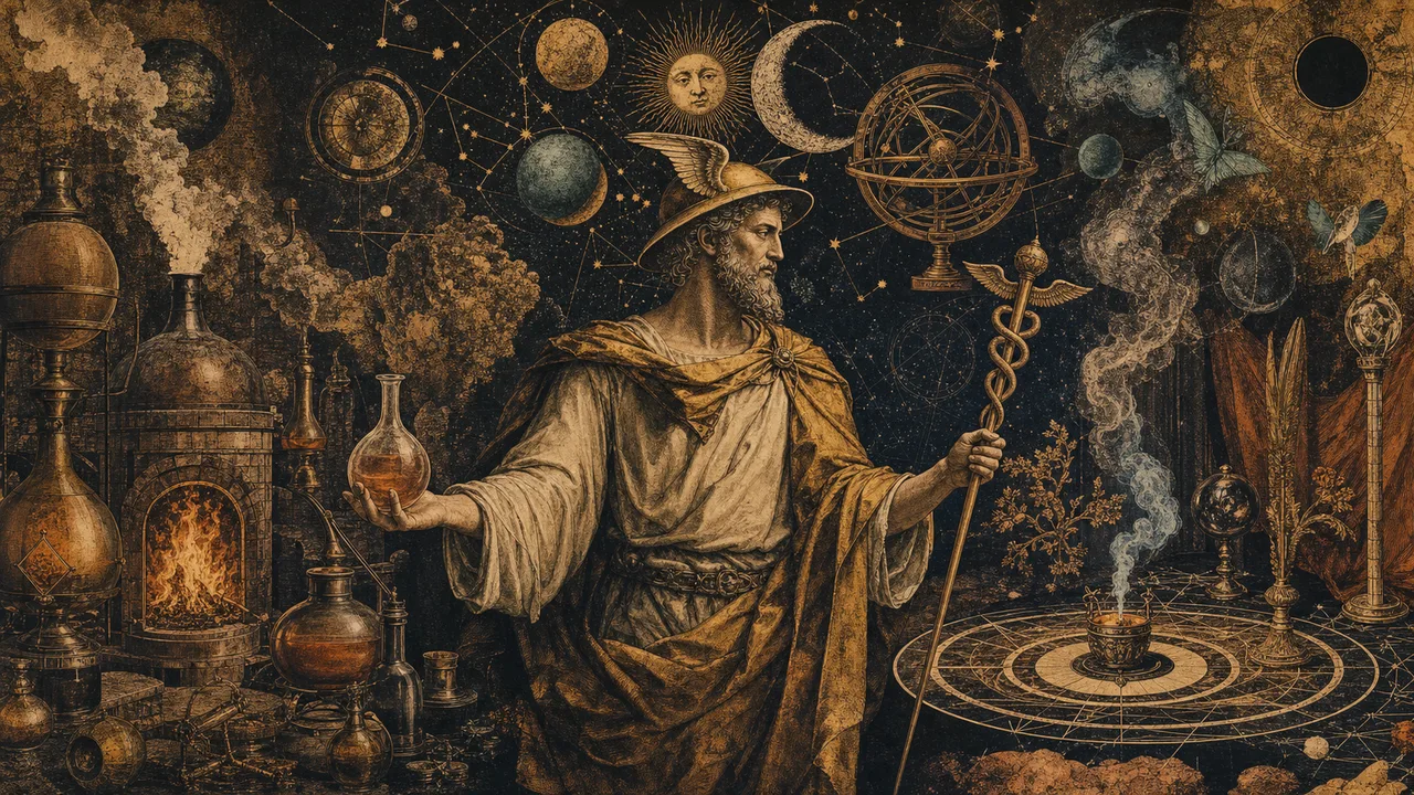 Instrumentos alquímicos, mapa celeste e símbolos rituais reunidos em torno de Hermes