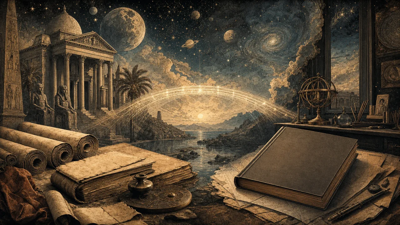 Papiros herméticos antigos ao lado de um livro moderno representando a comparação entre Hermetismo e Caibalion