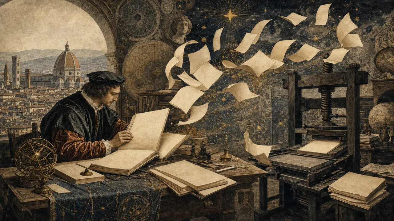 Humanista renascentista diante de manuscritos gregos e de uma prensa que representa a difusão do Hermetismo