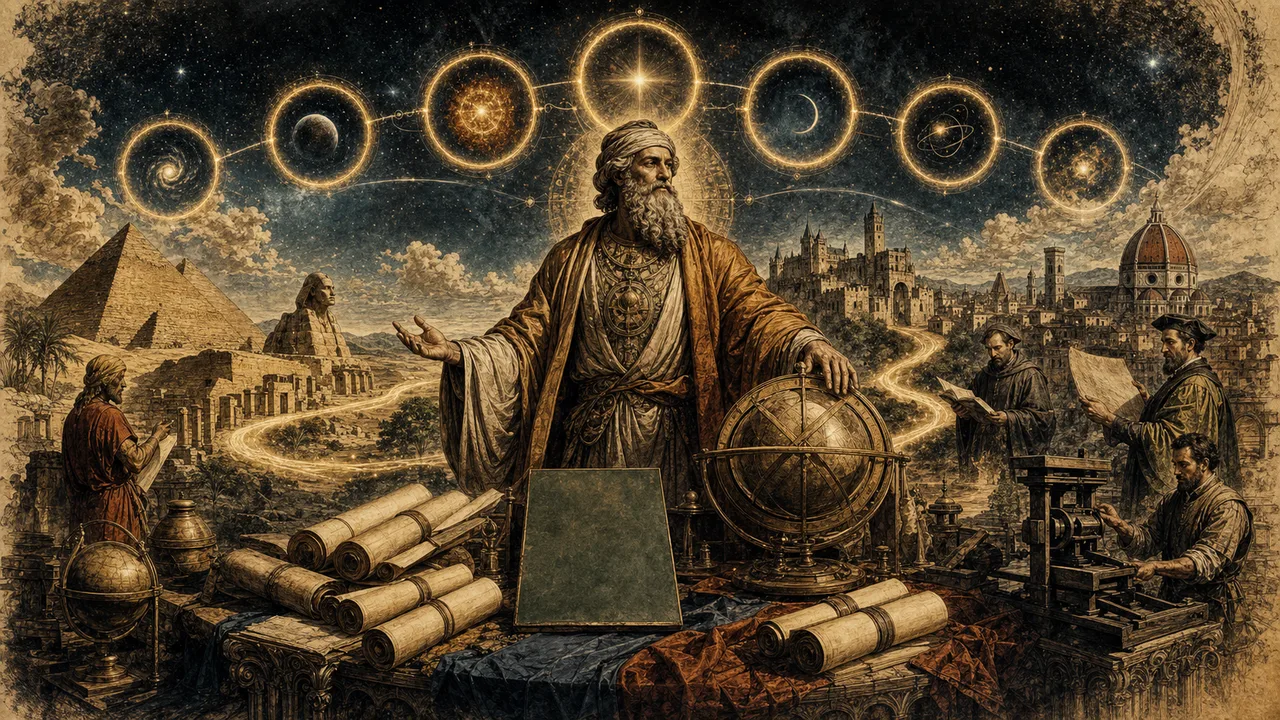 Hermes Trismegisto diante de um cosmos simbólico que reúne os ensinamentos antigos e as sete leis herméticas