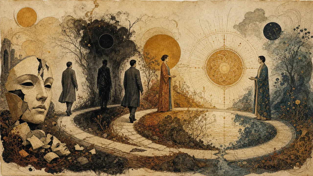 Pessoa percorrendo um caminho circular que reúne máscaras, sombra e mandala