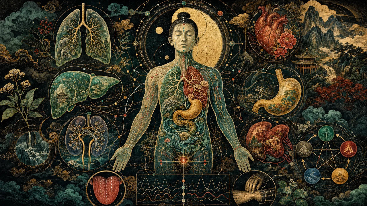 Montagem surrealista sobre os fundamentos da Medicina Tradicional Chinesa, seus órgãos, emoções e diagnóstico