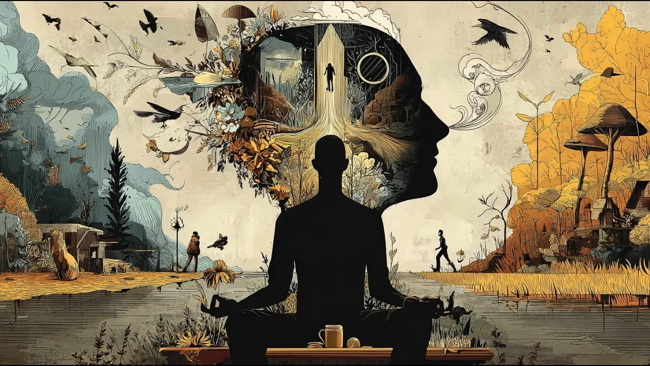 Pessoa medita diante de uma paisagem enquanto uma silhueta humana representa a consciência e o mundo interior