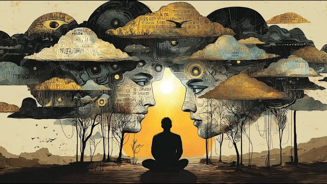 Pessoa meditando entre dois rostos cercados por pensamentos