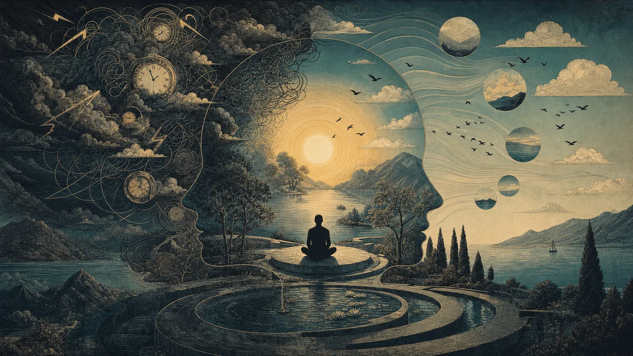 Pessoa praticando mindfulness enquanto pensamentos acelerados se organizam em formas suaves ao redor da mente