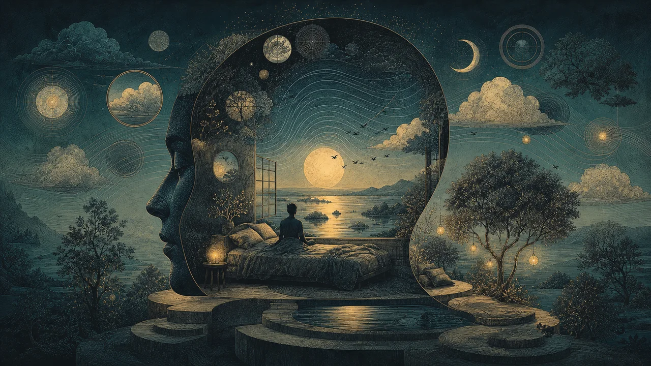 Pessoa praticando mindfulness na cama à noite enquanto pensamentos suaves se dissipam em direção ao céu com lua