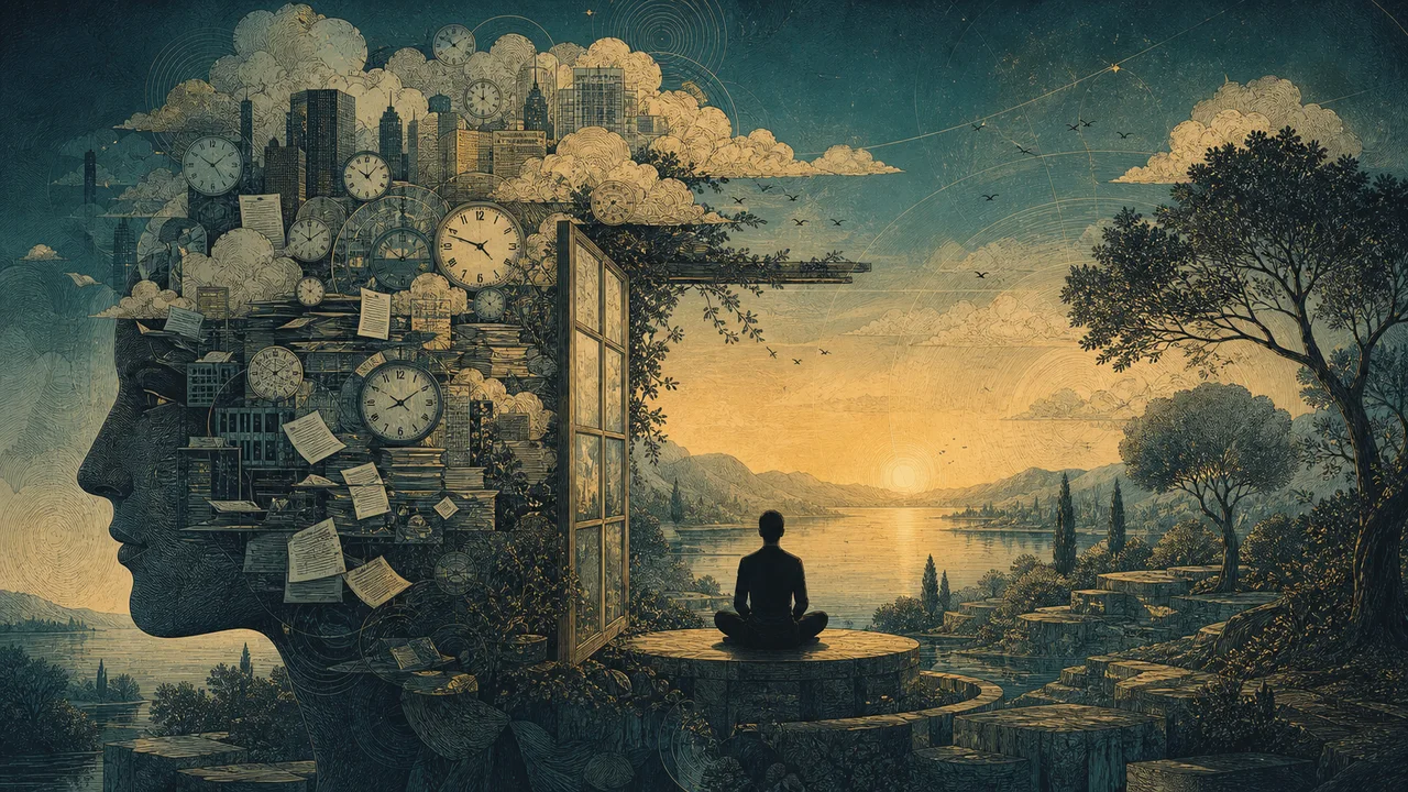 Pessoa praticando mindfulness em meio a tarefas e pensamentos de sobrecarga mental se organizando em um ambiente calmo