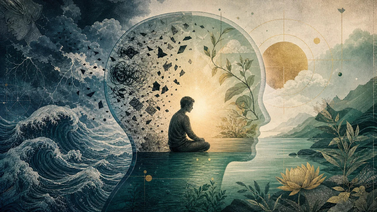 Pessoa praticando mindfulness com ondas suaves ao redor, representando ansiedade e retorno da atenção