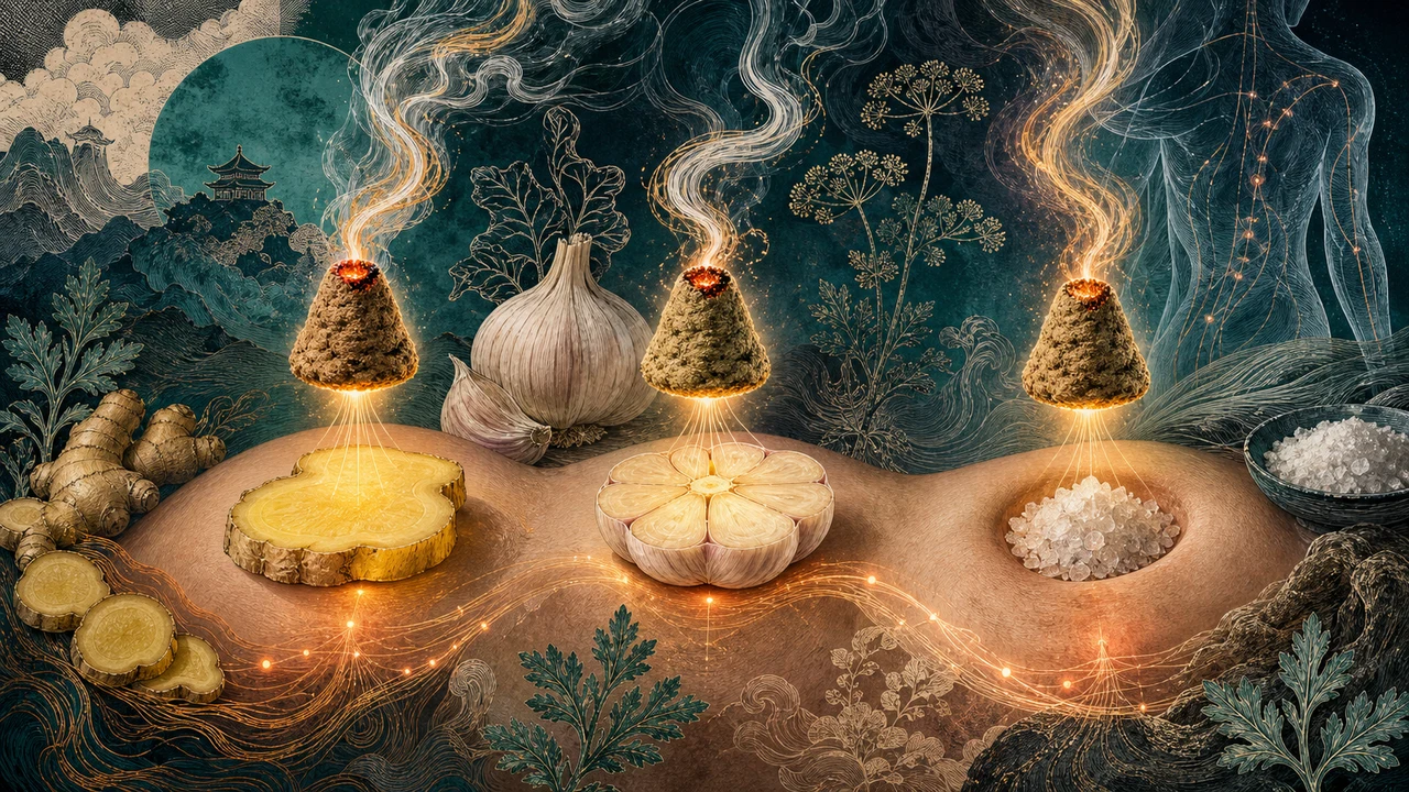 Composição surrealista com moxa aplicada sobre gengibre, alho e sal