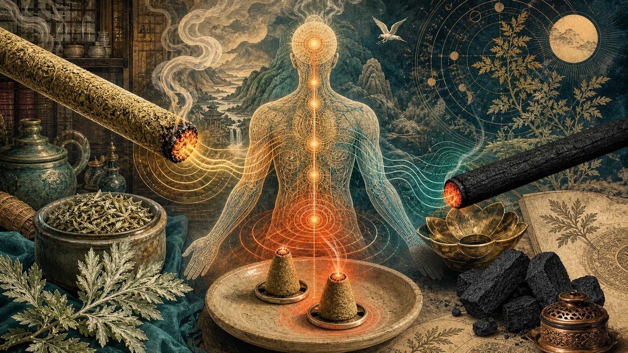 Composição surrealista com moxa em bastão, cone e carvão