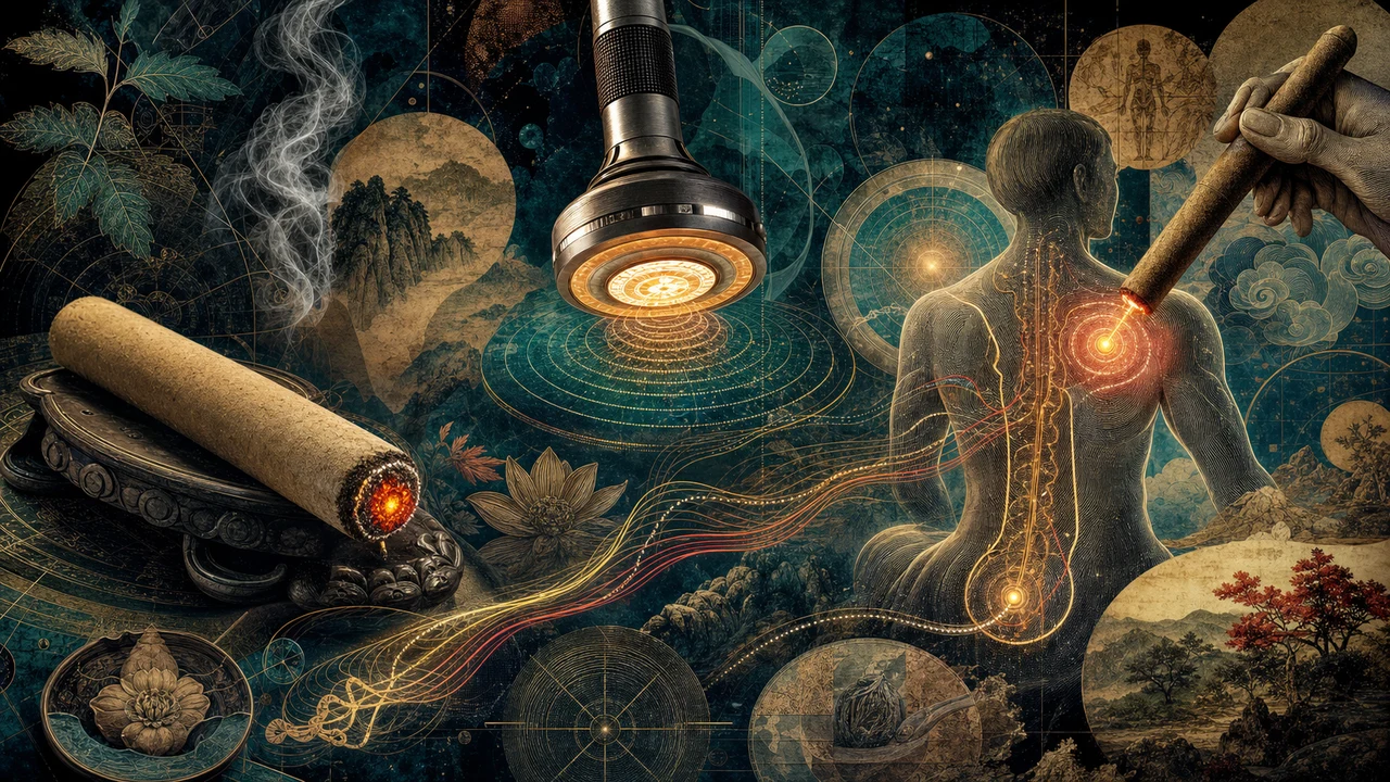 Composição surrealista sobre moxa sem fumaça, moxa elétrica e calor sensível