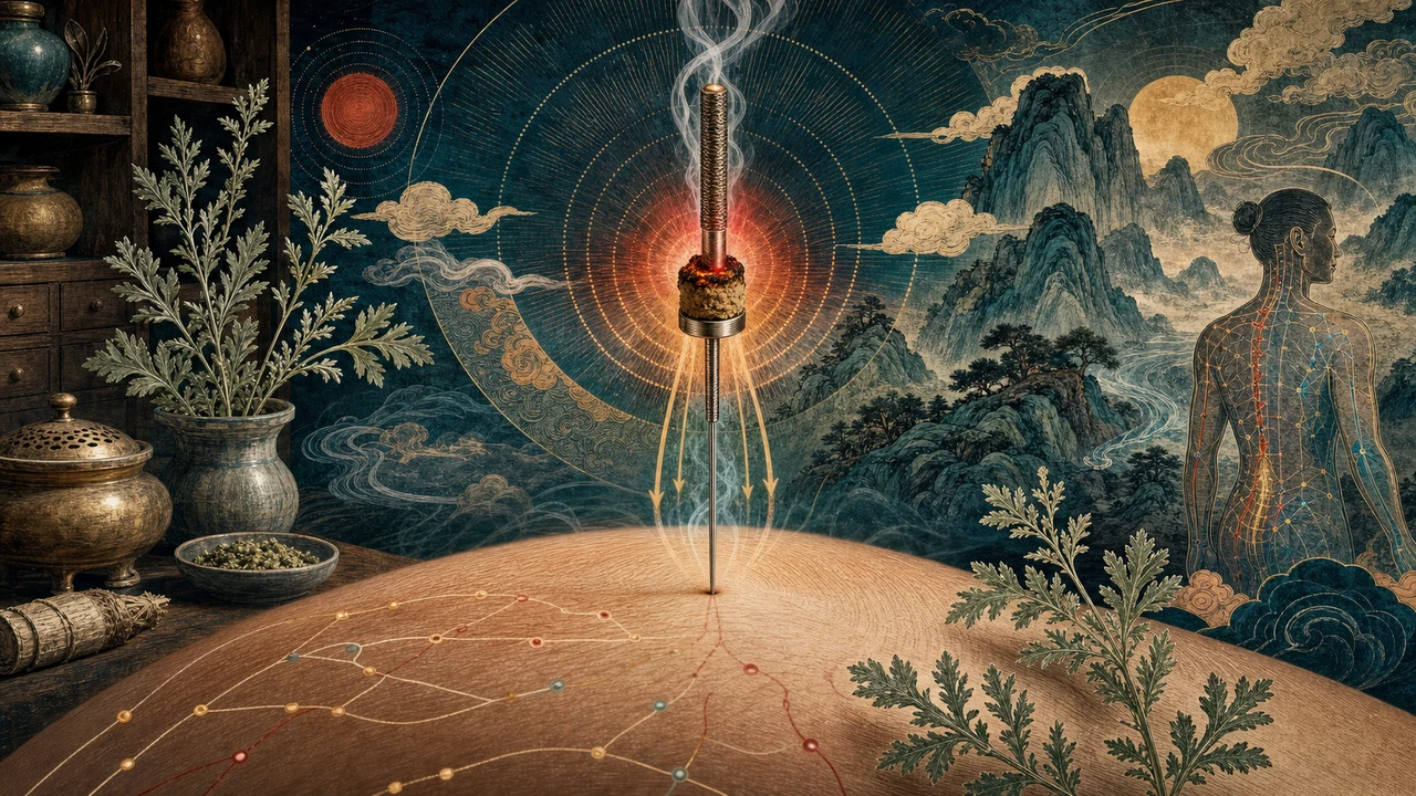Composição surrealista com agulha de acupuntura, moxa acesa e fluxos de calor