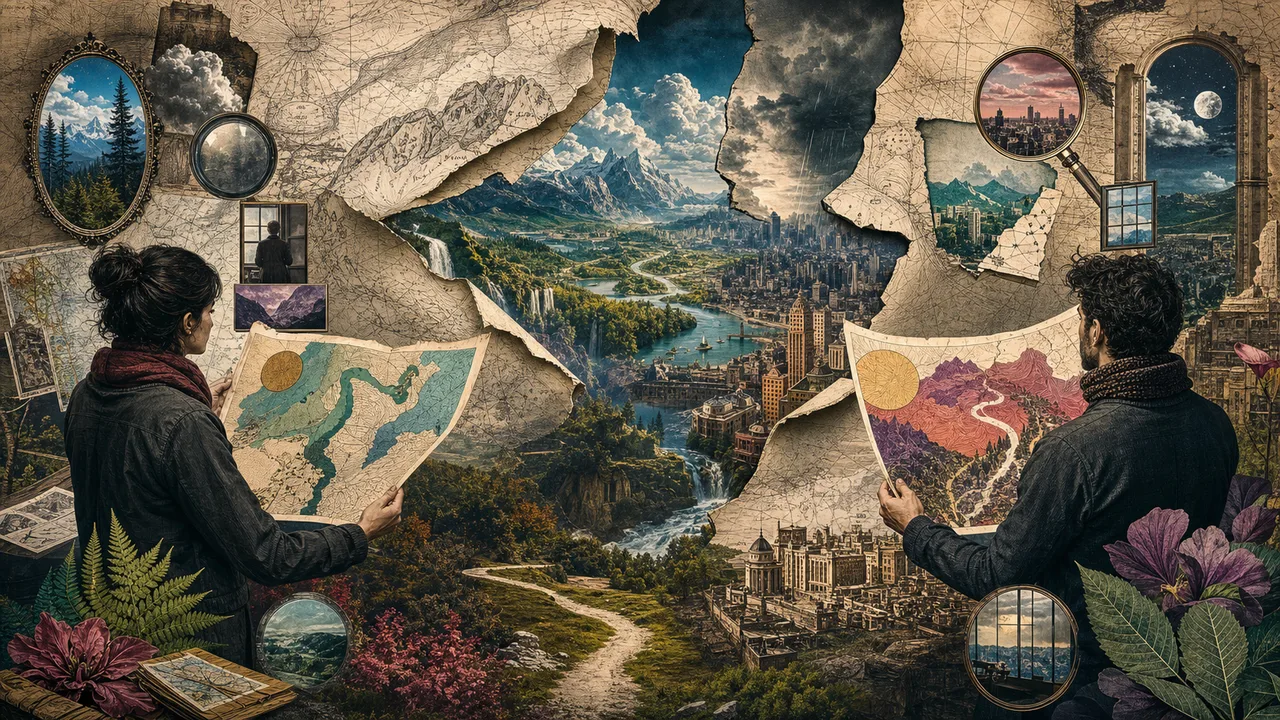 Pessoa comparando uma paisagem real com um mapa mental simbólico sobre a mesa