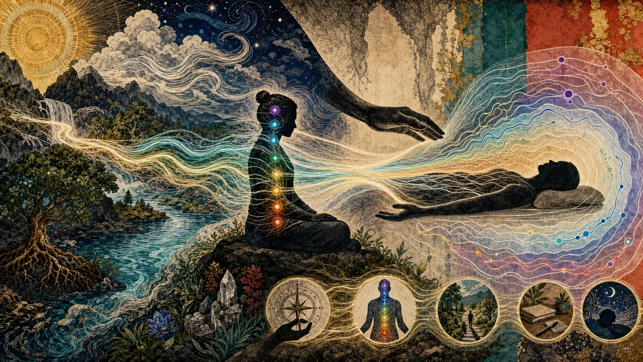 Aplicação de Reiki com energia luminosa fluindo pelas mãos e campo energético organizado ao redor da pessoa atendida