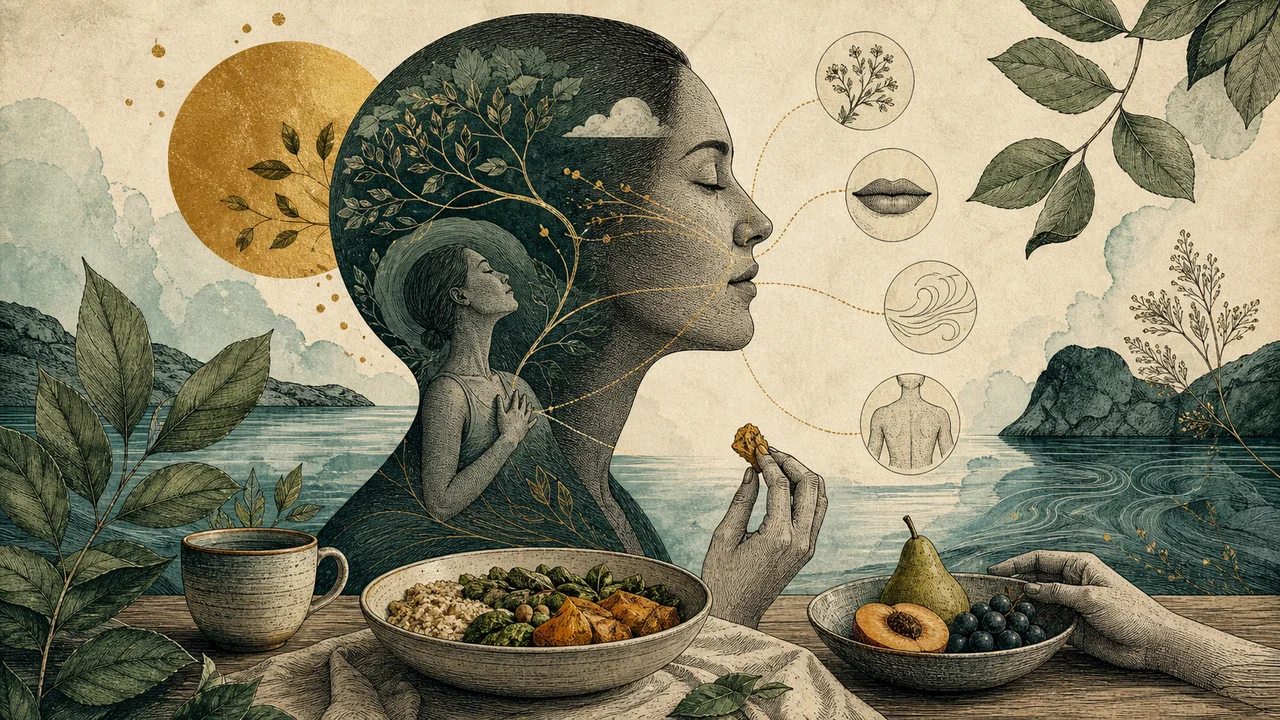 Pessoa praticando alimentação consciente em uma refeição simples e calma