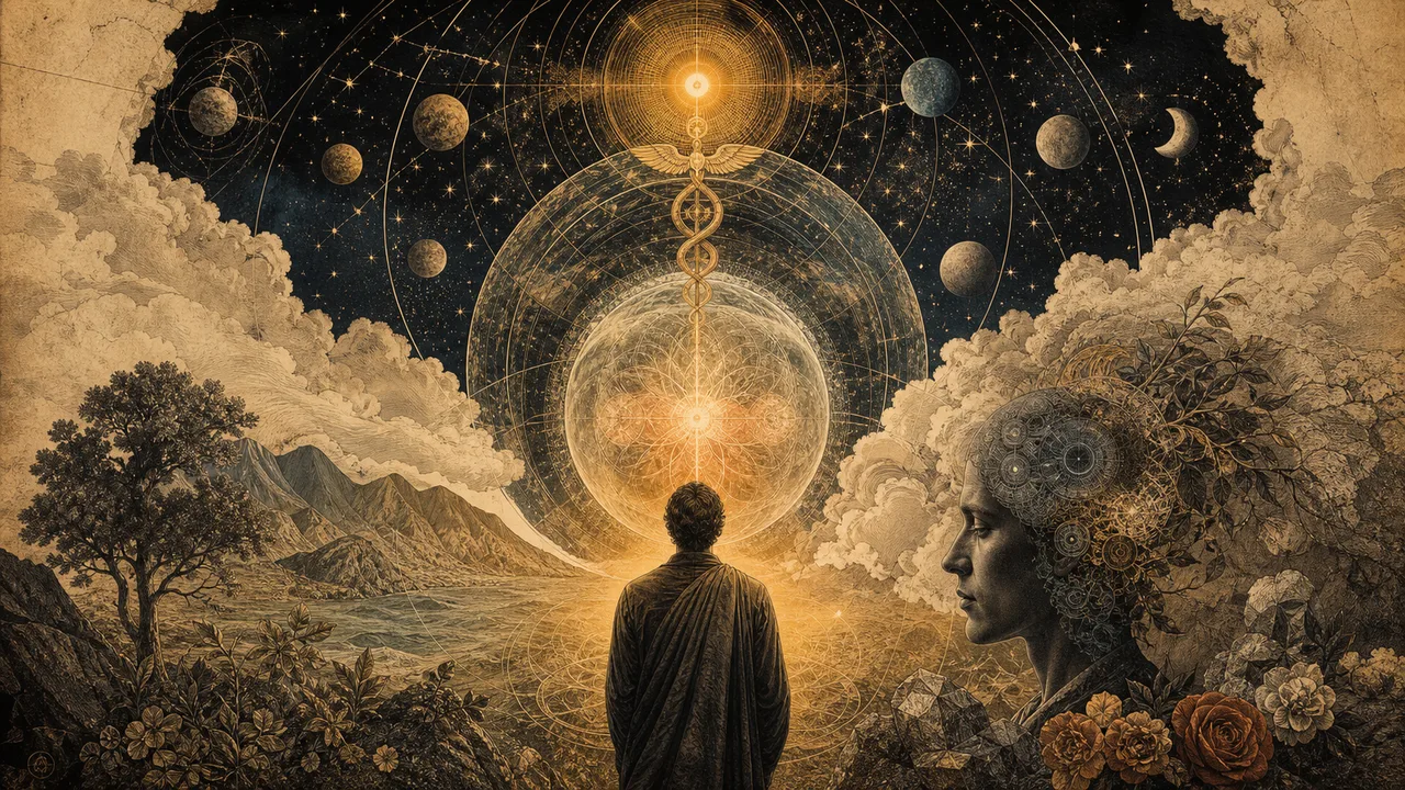 Figura humana diante de um cosmos simbólico que representa a união entre Deus, universo e consciência no Hermetismo