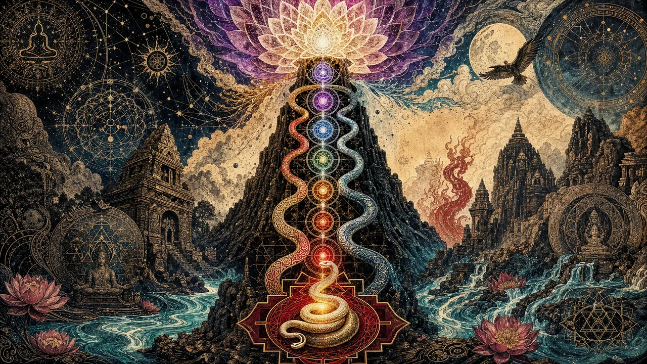 Pessoa meditando com energia luminosa subindo pela coluna e atravessando os sete chakras
