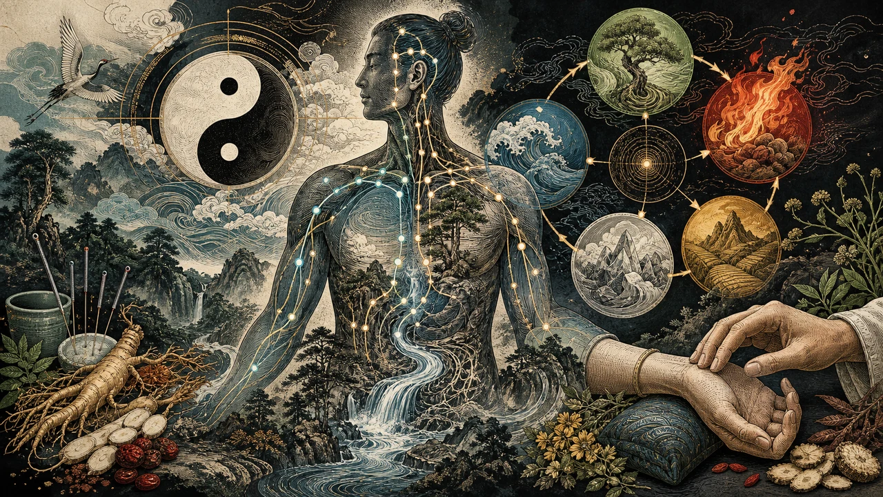 Corpo humano integrado a paisagens, meridianos, Yin Yang, cinco elementos, ervas e diagnóstico pelo pulso na Medicina Tradicional Chinesa