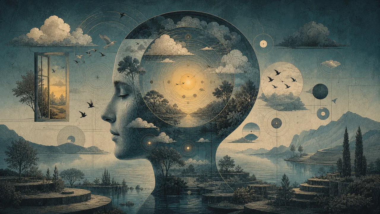 Pessoa em meditação consciente com linhas suaves representando respiração, atenção e presença no momento atual
