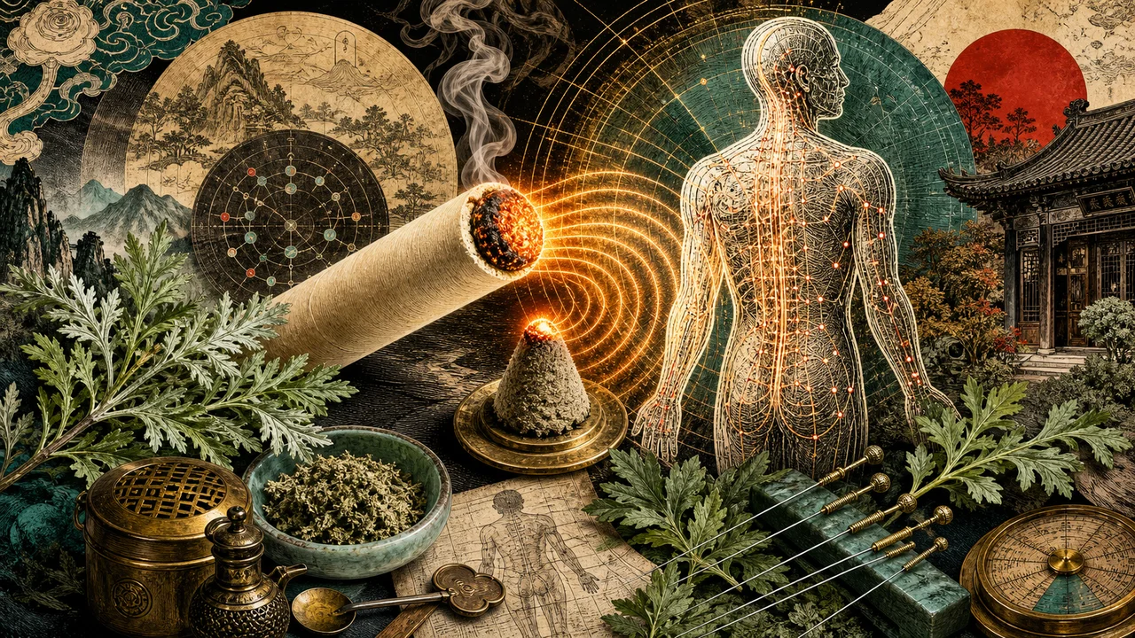 Composição surrealista sobre moxaterapia com moxa, calor e pontos energéticos