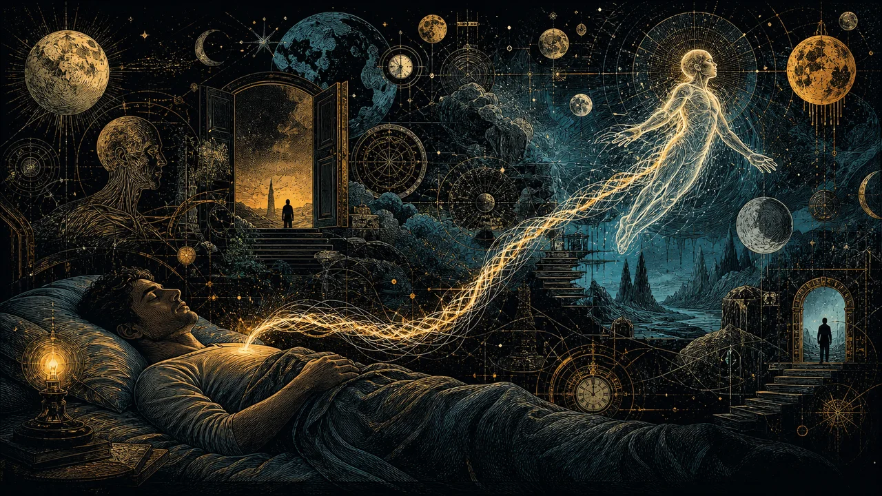 Corpo astral ligado ao corpo físico por um cordão luminoso durante a projeção astral