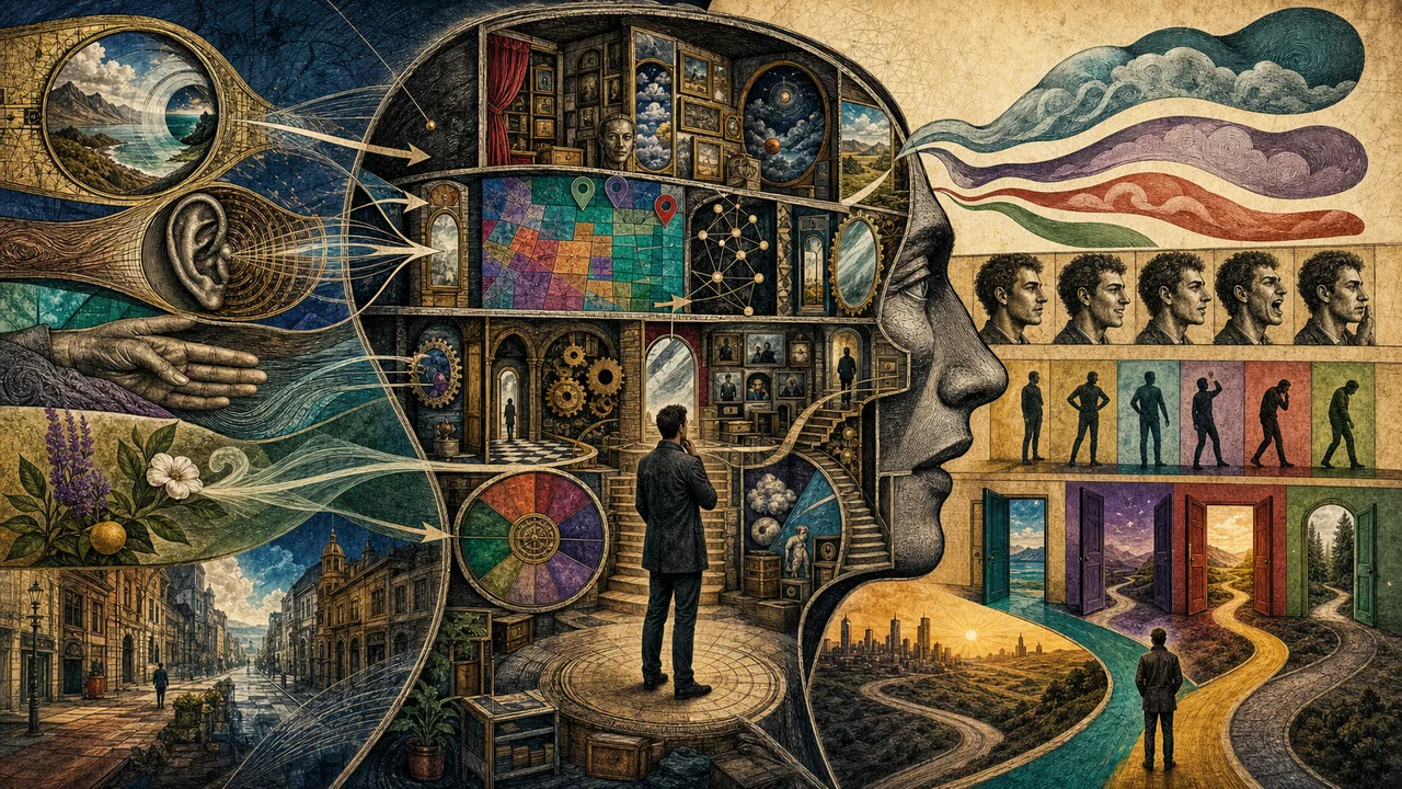 Pessoa refletindo com conexões entre mente, linguagem, sentidos e comportamento