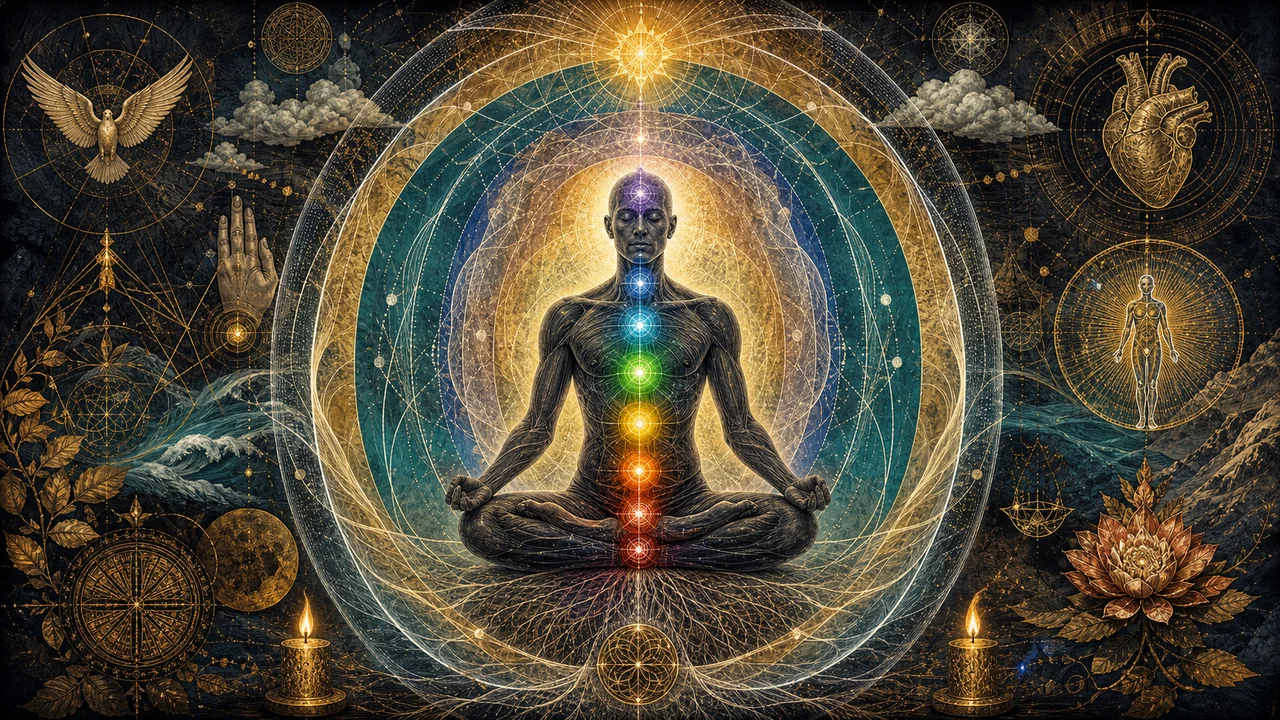 Pessoa meditando com chakras e campos sutis luminosos ao redor do corpo