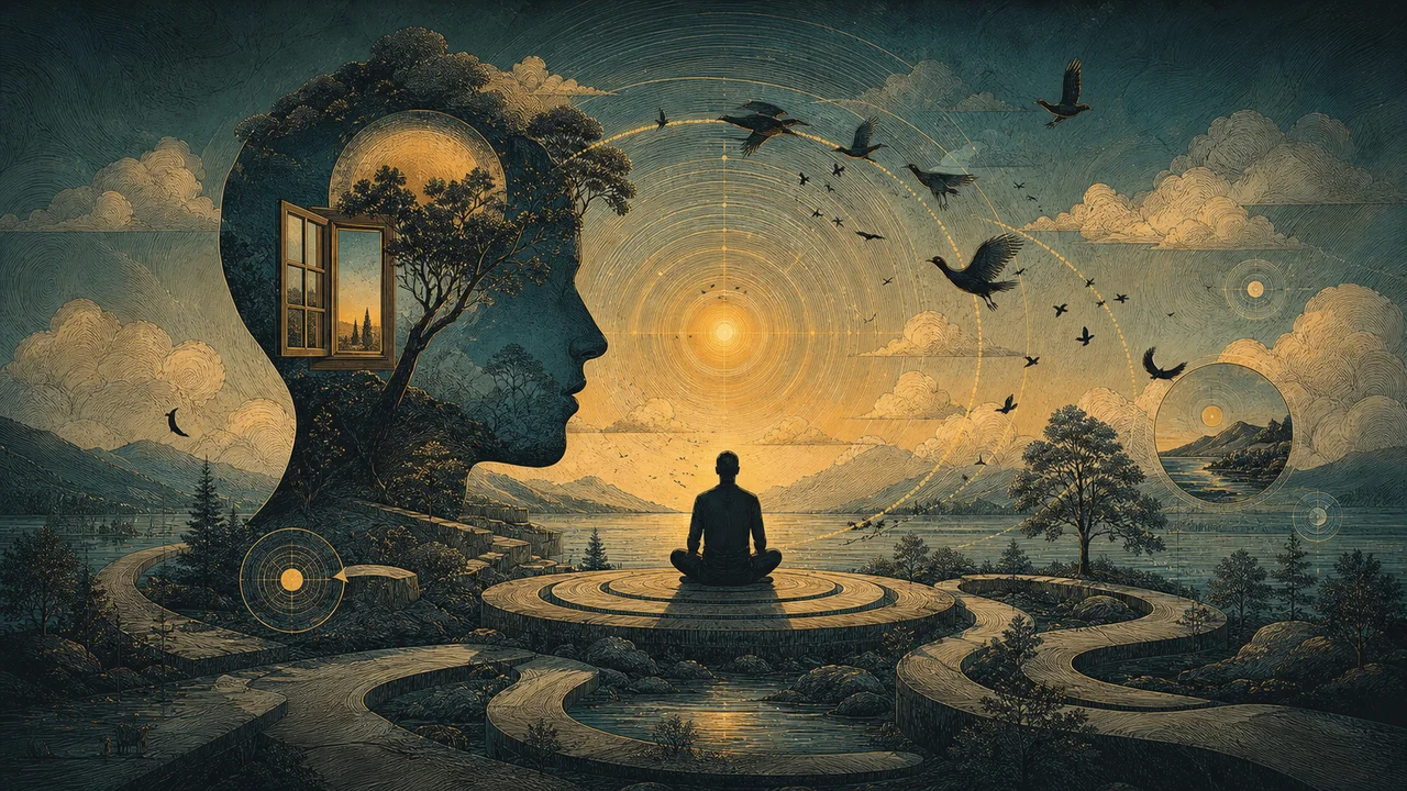 Pessoa praticando mindfulness enquanto pensamentos se afastam e retornam suavemente à atenção presente