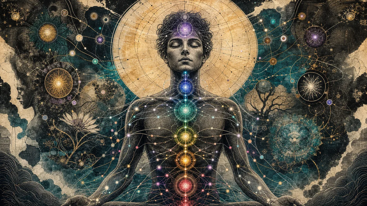 Corpo energético com pequenos centros luminosos organizados em chakras e canais de energia