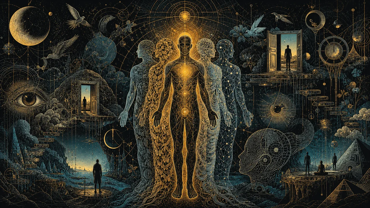 Representação dos corpos espirituais como camadas sutis da consciência em diferentes dimensões